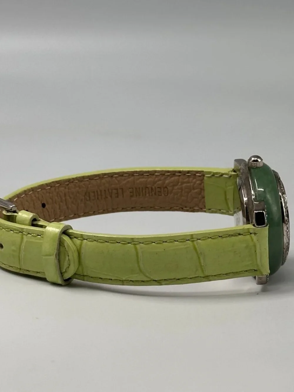 Precious Time Watch Women Silver Tone Green Leather Band New Battery 9 Inch